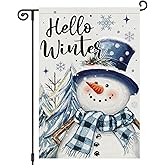 Heyfibro Hello Winter Garden Flag 12x18 Inch Double Sided Winter Snowman Garden Flag Seasonal Small Yard Flags for Outside House Farmhouse Holiday Outdoor Decoration