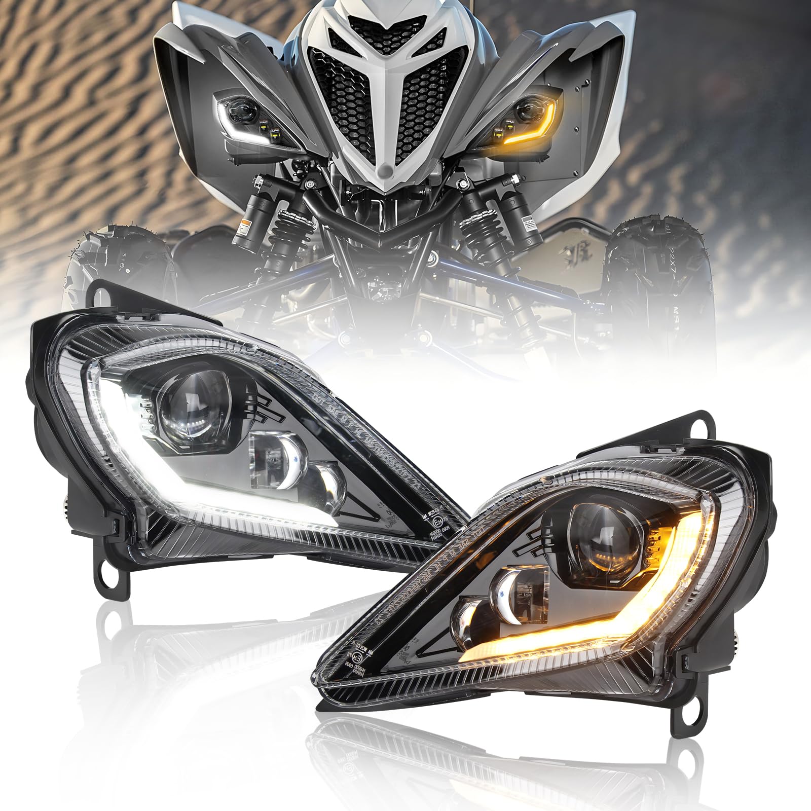 Photo 1 of ***HAS HAZING ON LIGHTS*** OPP ULITE Led Headlights Assembly for Yamaha Raptor, YFZ, Wolverine, High Low Beam & White DRL & Amber Turn Signal Light, DOT Approved ATV Headlight, 2PC Pack