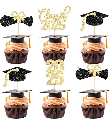 24 Cupcake Topper 'Class Of 2022' In Rot/Schwarz – Glitzer-Deko Für Abschlussfeiern (Kindergarten Bis Uni)