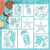 9pcs Ocean Stencils Large Sea Turtle Stencils for Painting Seahorse Stencil | Large Starfish Jellyfish Templates for Art Crafts Plastic Reusable Wood Burning Stencil for Wall Canvas