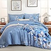 Xruibed Blue Comforter Set King Size 7 Pieces Bed in a Bag, Botanical Floral Print Bed Sets, Elegant Flower Comforter with Sheet Set, Soft Microfiber Bedding Set for All Season (Blue, 104"x90")
