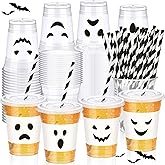 Jingmore 48 Pcs Halloween 12 oz Plastic Cups with Lids and Paper Straws Ghost Design Disposable Cups for Halloween Party Beer Beverage Ice Cream Snacks