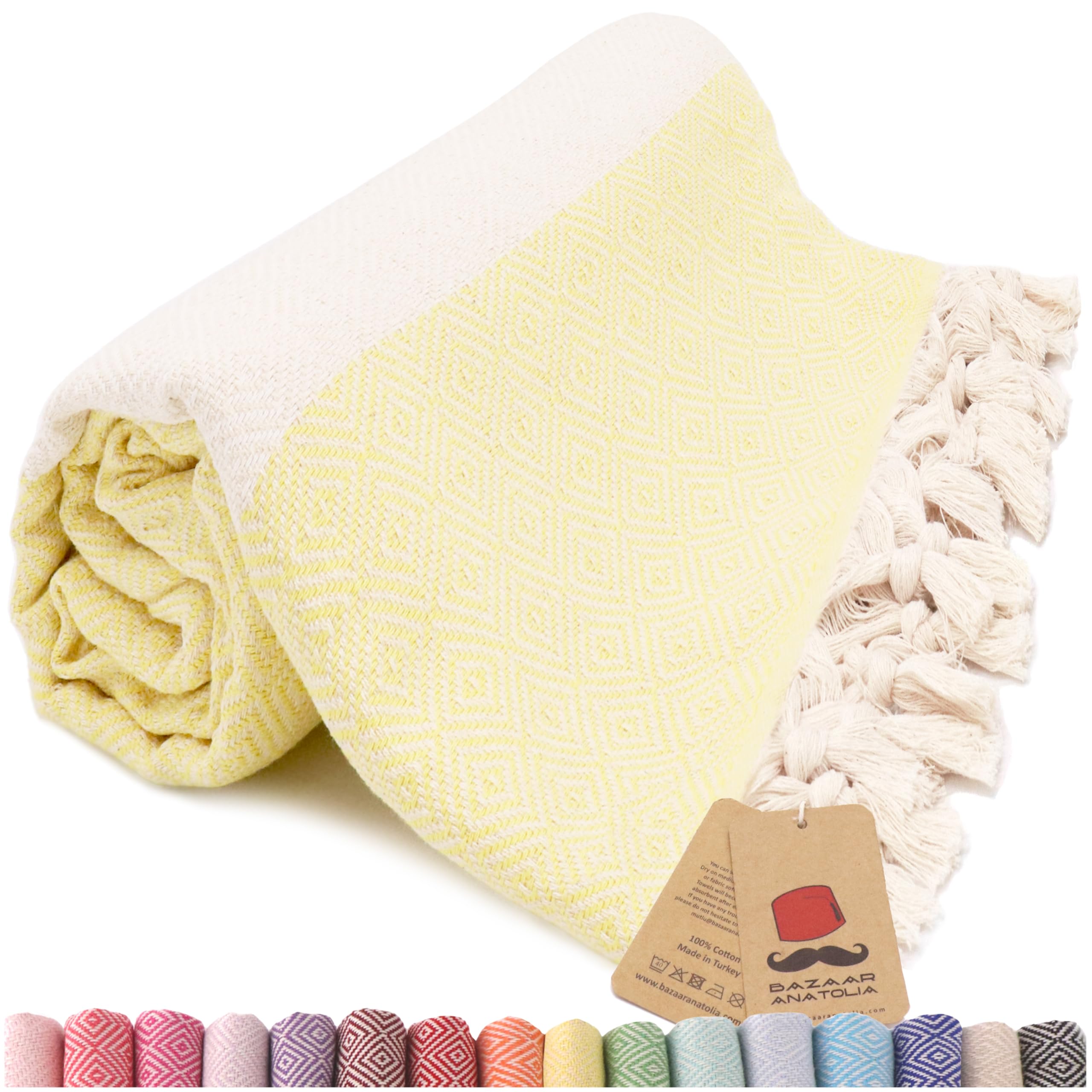 Bazaar Anatolia Turkish Beach Towel 100% Cotton Bath Towels Oversized Quick Dry Boho Farmhouse Decor Sheets Bathroom Towels Sand Free Camping Blanket - 180x100cm - Diamond Yellow