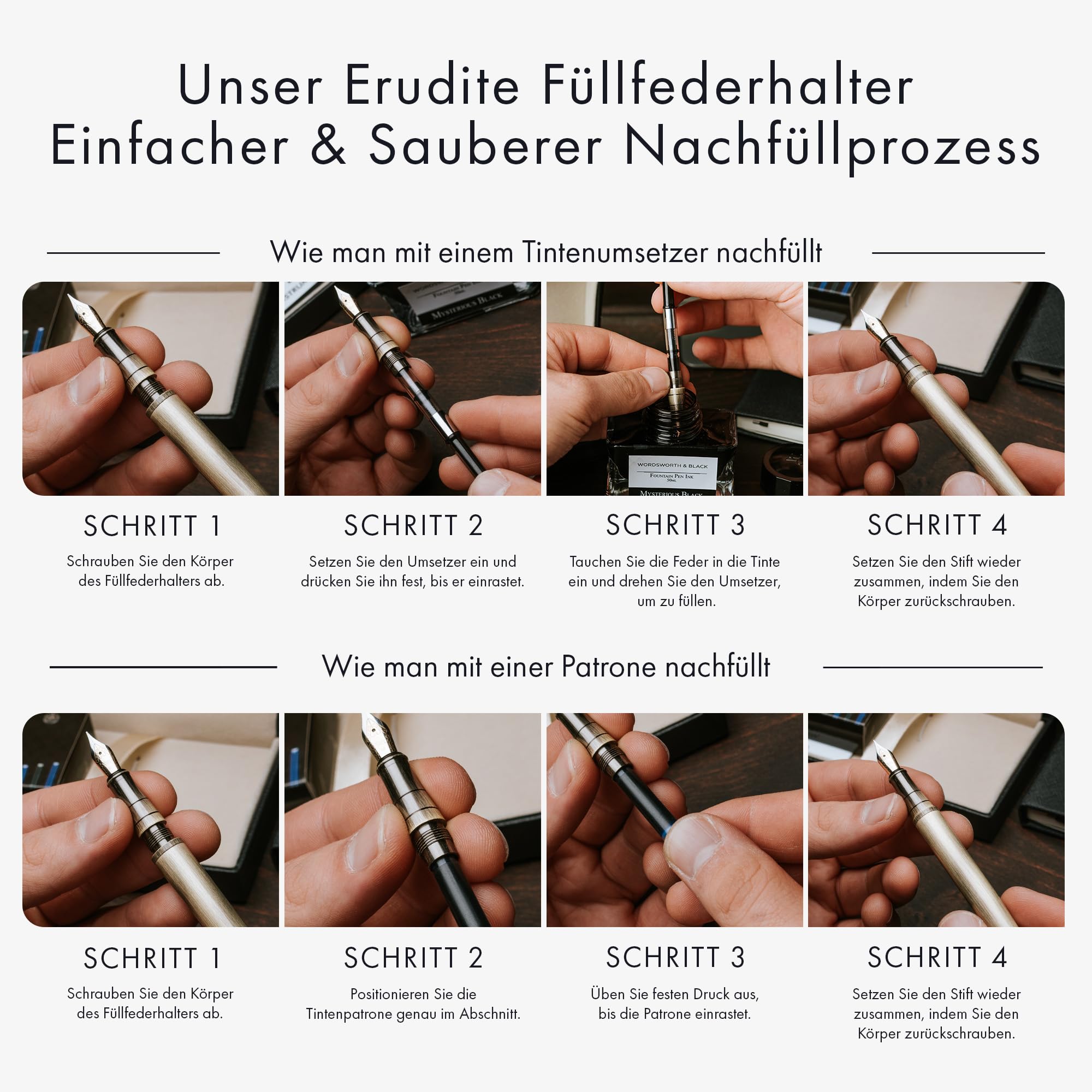 Wordsworth & Black Füllfederhalter Set, mittlere Spitze, inklusive 24 Tintenpatronen und Kolbenkonverter, Geschenkbox, Kalligraphie, glattes Schreiben, Chrom-Schwarz 9