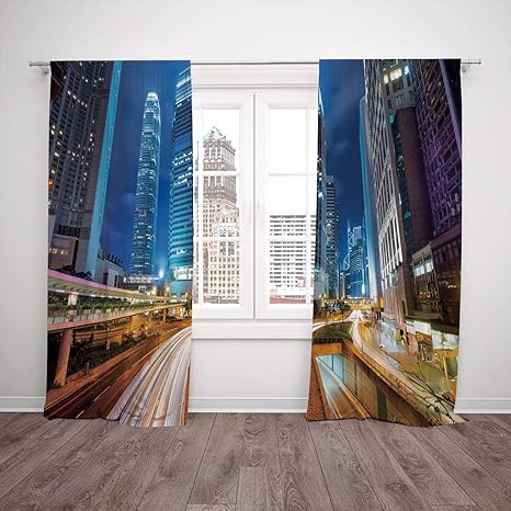 Thermal Insulated Blackout Window Curtain City Fast Moving Cars At