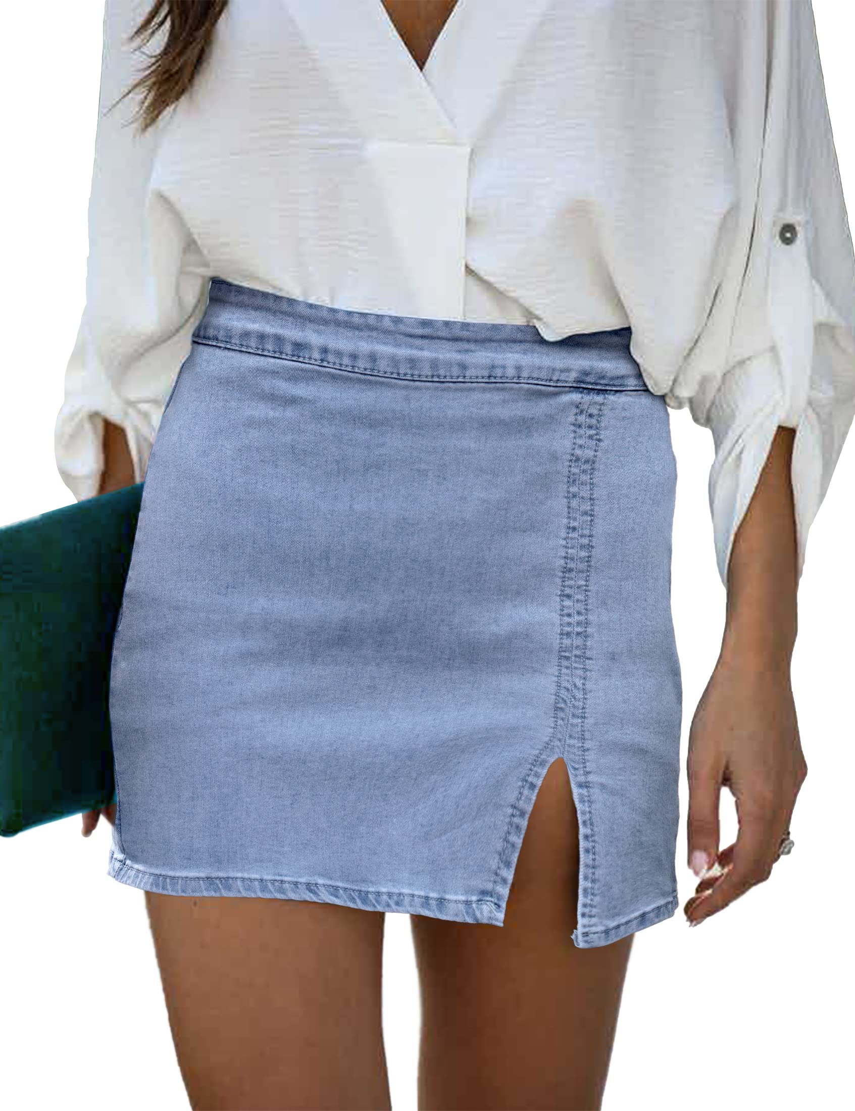 View 1 of ***DAMAGE BLEACH SPOT ON BACK*** Luvamia Jean Skirt for Women - High Waisted Bodycon Stretch Pencil Mini Denim With Slit - Country Concert Outfits Y2K Style - Size X-Large 16 18