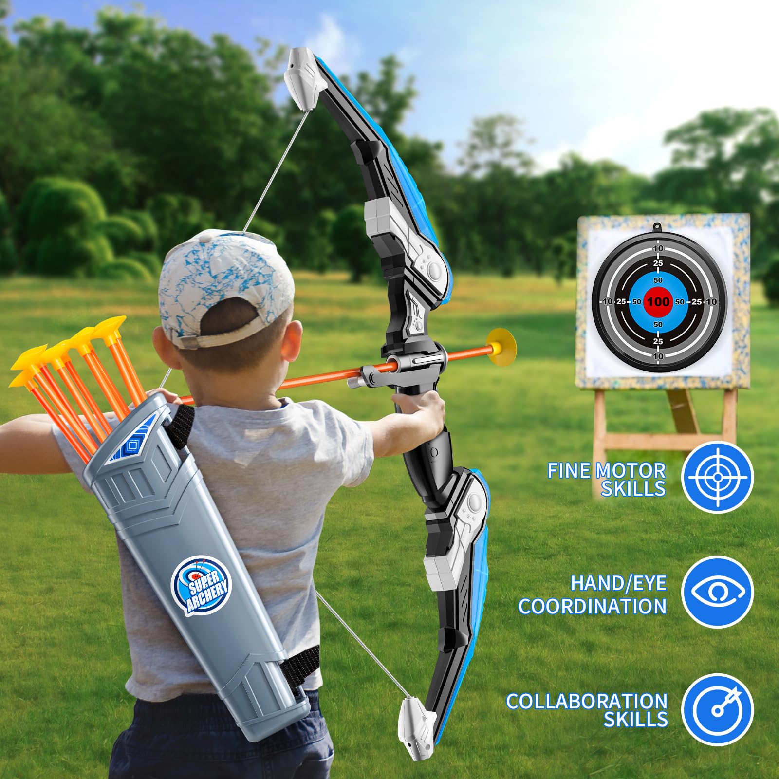 TEMI 2 Pack Set Kids Archery Bow Arrow Toy Outdoor Hunting Play with 20