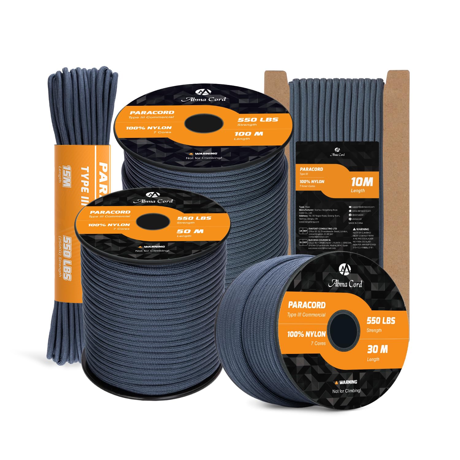 Abma Cord Paracord 550 4mm 100m 100% Nylon Rope Type III 7 Strands Parachute Cord for DIY, Camping, Survival, Outdoor - Max. 250kg - Navy Blue