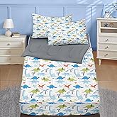 Nesker Zipper Bedding Twin Cartoon Wildlife, Zip Up Bedding Set for Boys and Kids, Dinosaur Dino 3 Pcs Comforter Bed in a Bag with Fitted Sheet and 2 Pcs Pillowcases