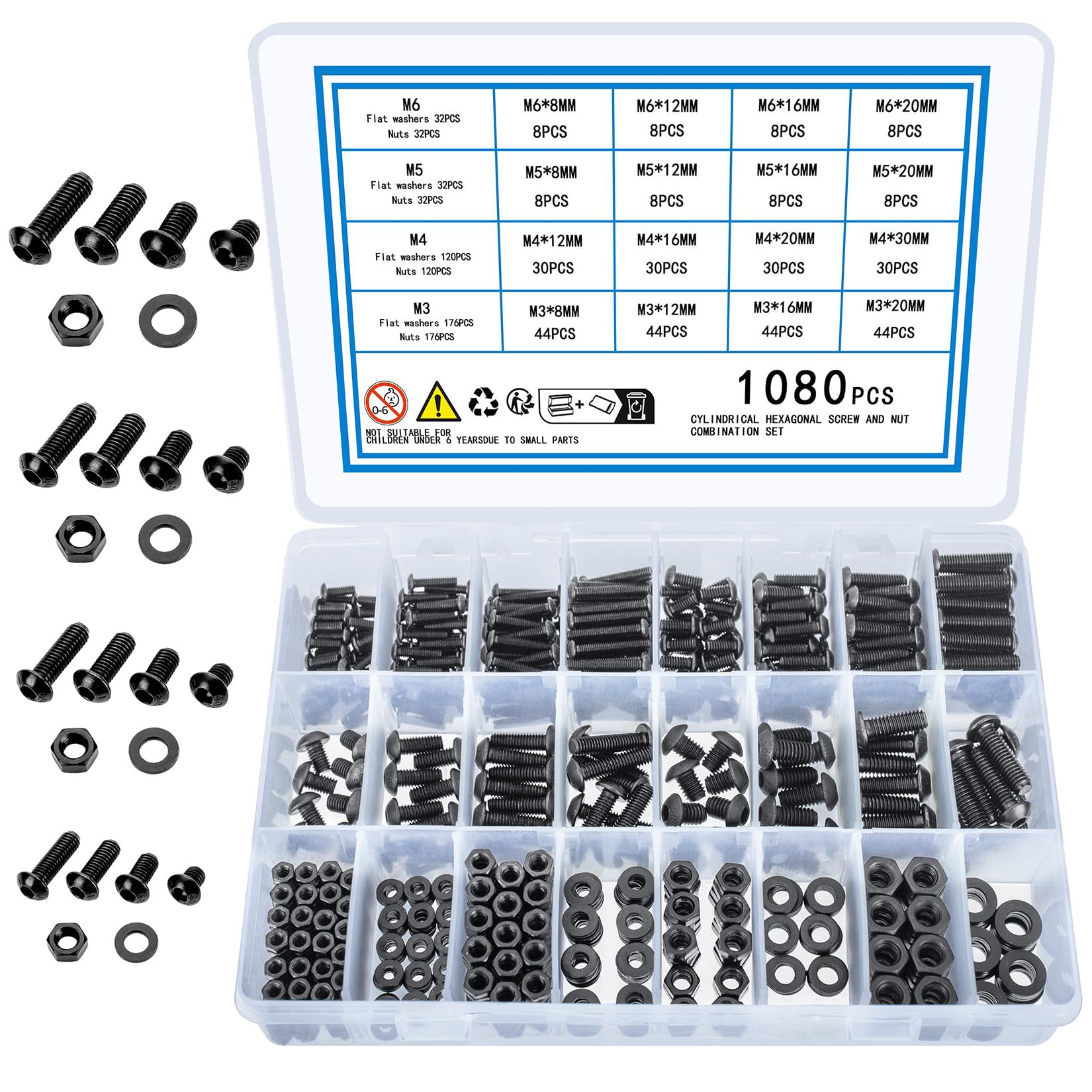 KOXXIAMOQ 1080 Pcs M3 M4 M5 M6 Nuts and Bolts and Washers Set, Hex Socket Head Cap Machine Screws, Stainless Steel Pan Hex Button Head Bolts and Nuts and Washers Fastener Assortment Kit