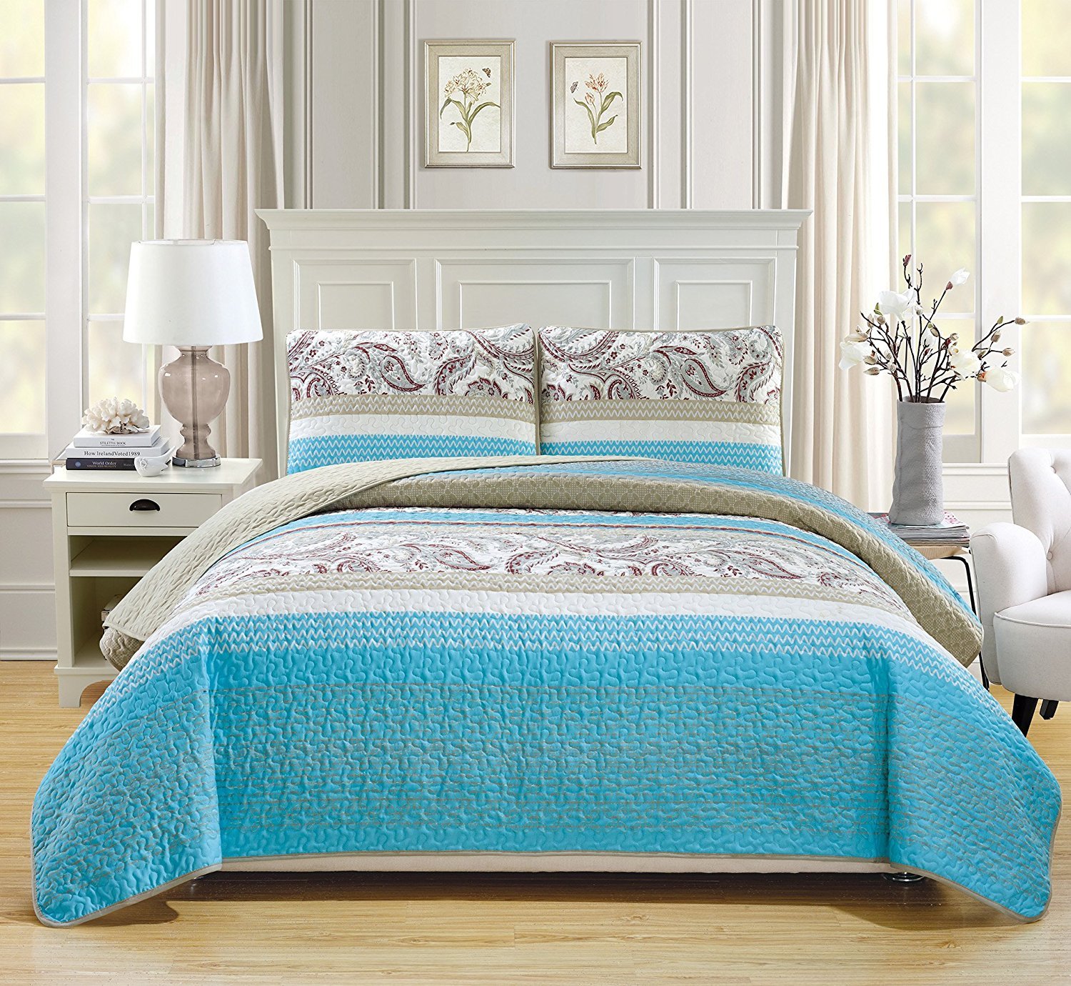 Linen Plus Twin/Twin Extra Long 2pc Quilted Bedspread Set Oversized Coverlet Floral