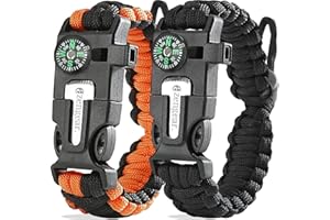 aZengear Paracord Survival Bracelets - Compass, Flint Fire Starter, Whistle, Adjustable Wrist Size - Camping, Hiking, Emergen