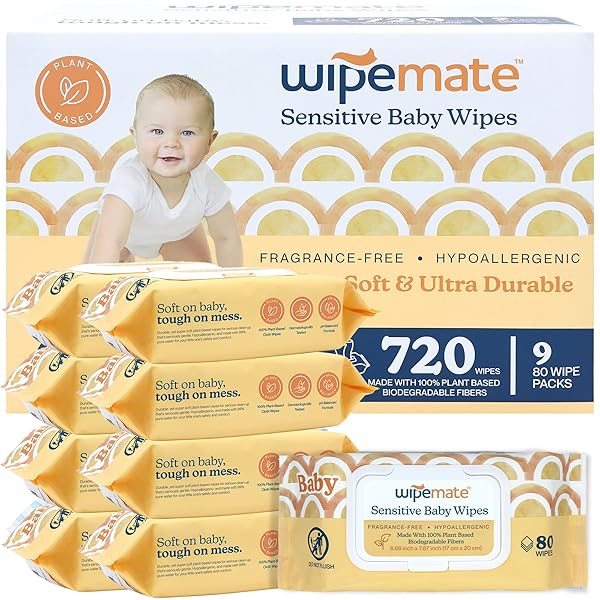 WIPEMATE EWG-VERIFIED PREMIUM BABY WIPES, 99% WATER-BASED, PLASTIC-FREE,...