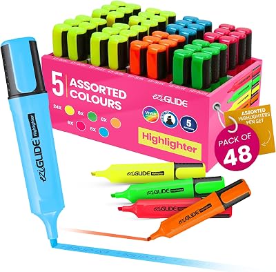 Eziglide 48-Pack Highlighters Neon Assorted Colours 1-4.5mm Chisel Tip Pens
