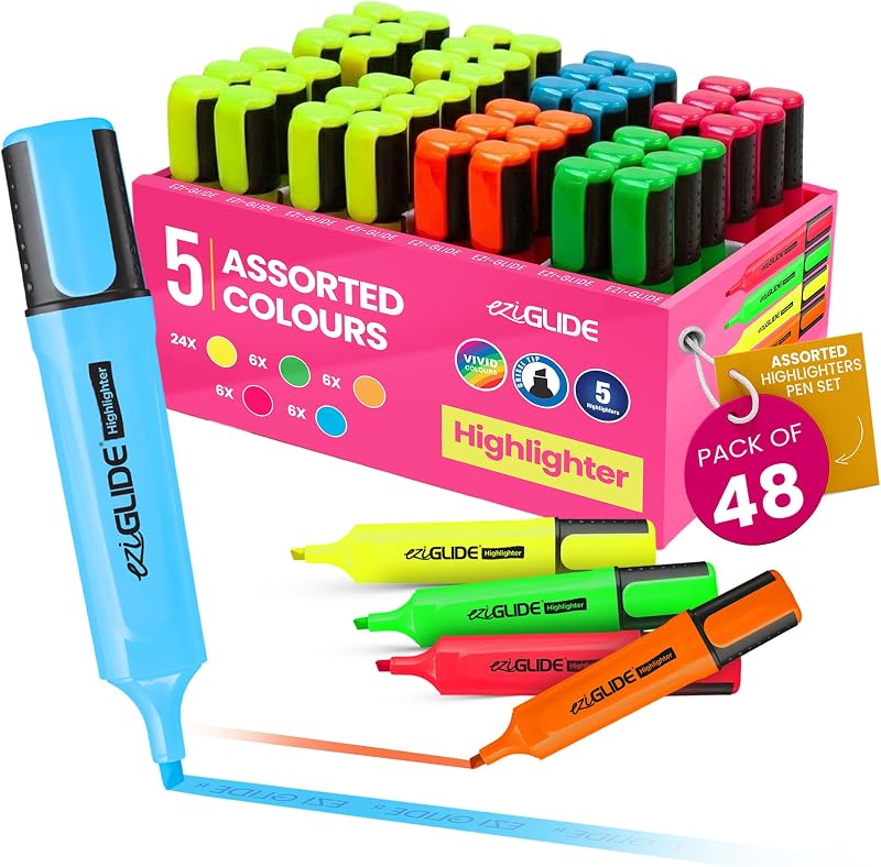 Eziglide 48-Pack Highlighters Neon Assorted Colours 1-4.5mm Chisel Tip Pens