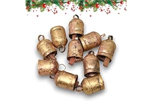 RW REPLICA WAREHOUSE Shabby Chic Bells Style Ten DIY Small Rustic Cow Bells for Crafts Jingle Hanging Bells with Ribbon Roll for Christmas Trees