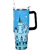 Sxdcfrs Cartoon Castle Tumbler 40 Oz With Lid and Straw Stainless Steel Insulated with Handle Blue Firework Travel Coffee Mug - Birthday,Christmas Gift