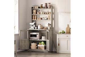 Garvee Microwave Stand Bakers Rack Cabinet, Farmhouse Bakers Rack with Power Outlet with Thickened Counter Freestanding with 