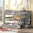 Modern Bunk Bed Full-Over-Full Size with Storage Staircase and Drawer, Solid Wood Full Bunk Bed Frame with Safety Guardrail for Kids Teens Adults, Can be Split into 2 Separate Beds (Gray-5)