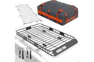 AKHAL-TEKE Roof Rack Basket, Upgraded 64"x 39"x 4" Roof Rack Cargo Carrier with 21 Cubic ft Cargo Bag, 3' X 4' Cargo Net, 2 pcs Ratchet Strap and Anti-Rust Sealant Fits for SUV Truck Cars