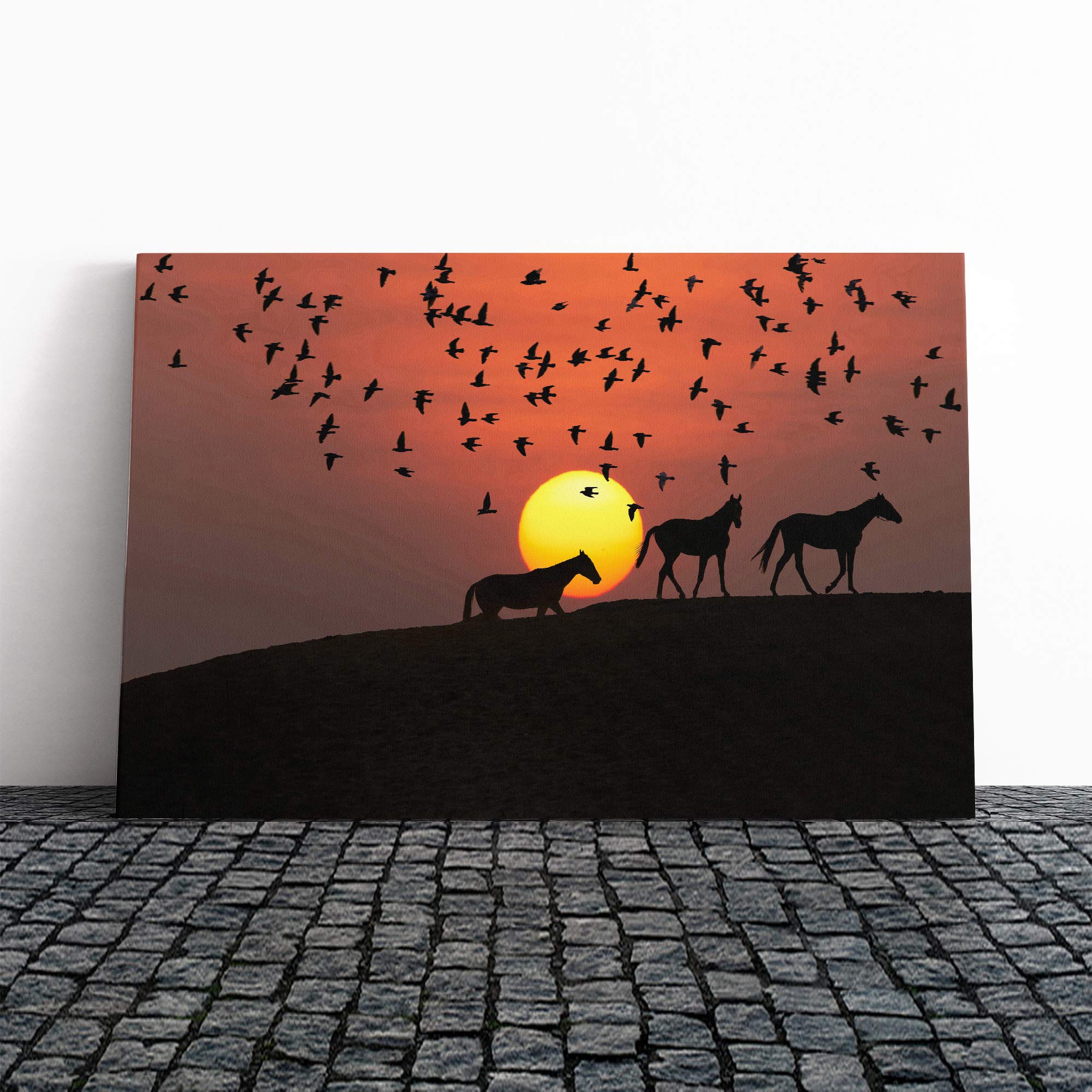 Birds and Horses Sunset Canvas Print | Gallery Wrapped 30mm Frame Wall Art | 20x14 inches | Ready to Hang | Modern Animals Picture | Living Room Bedroom Lounge Office