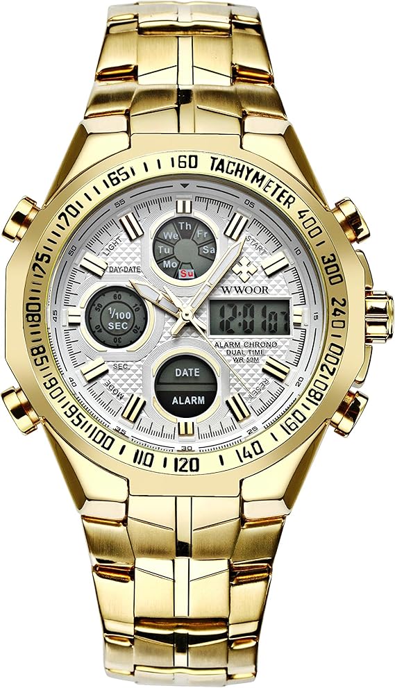 Amazon Wwoor 腕時計 メンズ 曜日と日付表示 電子 ビジネス クォーツ時計 夜光 運動 50m防水 男性 金と白 メンズ腕時計 腕時計 通販