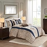 Madison Park Comforter Faux Silk-Traditional Luxurious Jacquard Design All Season Set, Matching Bed Skirt, Decorative Pillows, King(104"x92"), Navy 7 Piece
