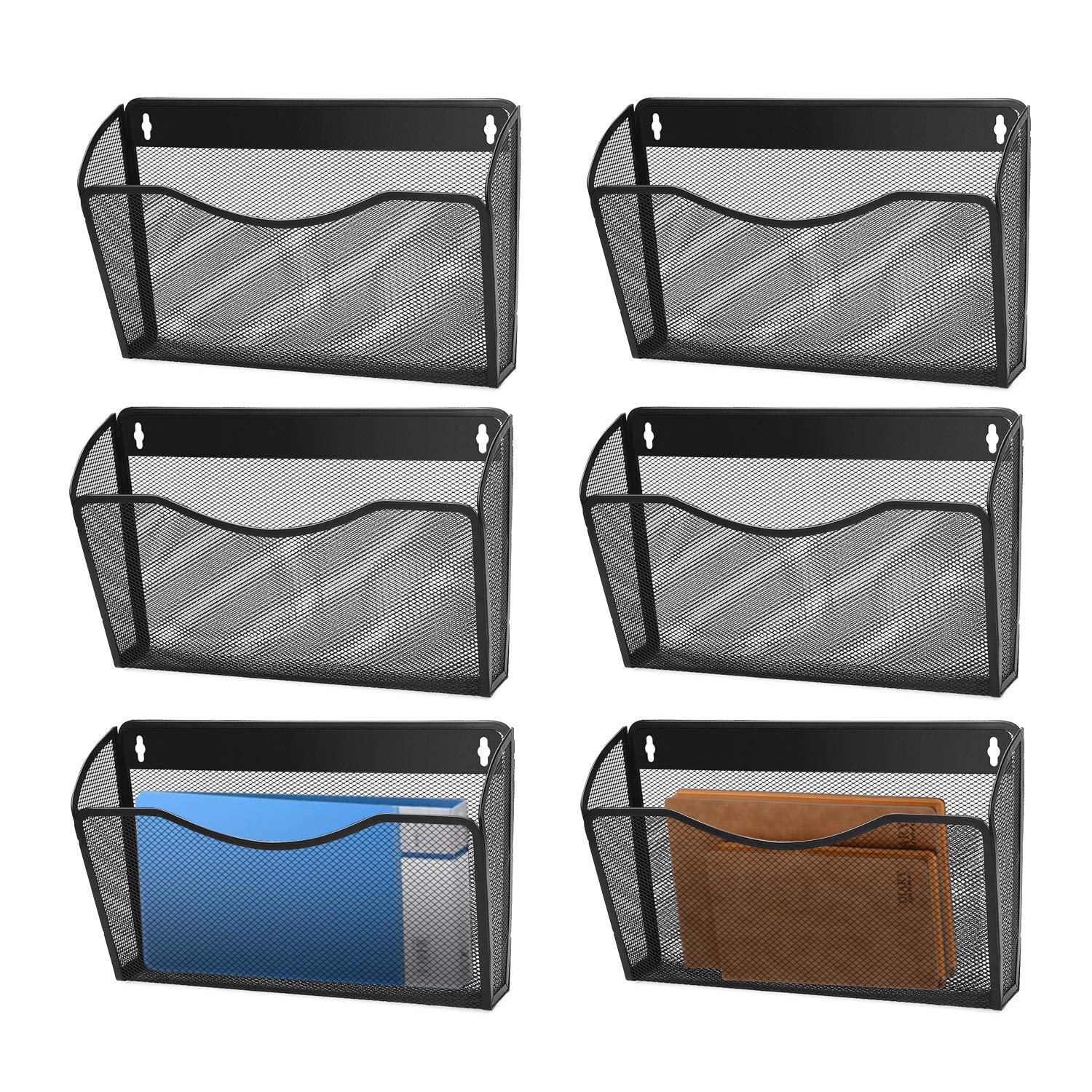 Flexzion Wall Folder File Letter Pocket Holder (6 Pack) Metal Mesh Desk Hanging Basket Box Bin Mail A4 Size Paper Document Organizer, Storage Rack Single Slot Wall Mount for Office School Home - Black