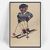 Retro Cute Bear Ski Wall Art Funny Cool Bear Canvas Posters Animal Skiing Sports Aesthetic Prints Painting For Living Room Bedroom Dorm Wall Decor 12x16in Unframed