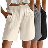 Riyiper 3 Pack Women's Linen Shorts Elastic High Waist Bermuda Wide Leg Summer Casual Lounge Short with Pockets