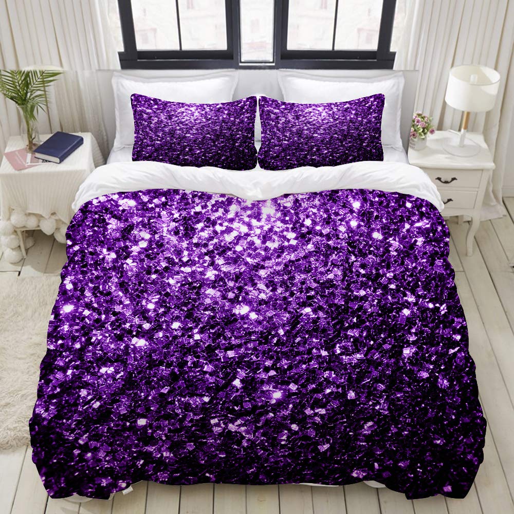 BOKEKANG Duvet Cover Set Beautiful Dark Purple Glitter Sparkles Lightweight Apartment Decorative Theme 3 Piece Bedding Set with 2 Pillow Shams Full/Queen