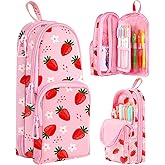 LISEVO Cute Strawberry Pencil Case,Unique Aesthetic 3D Schoolbag-Shaped Pencil Pouch for Girls Boys Kids Women,Big Capacity Pen and Pencil Stationery Organizer Bag with Zippers for School Office