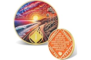 Leafence Sunset Beach Sobriety Coin Commemorative Coin Recovery Addiction NA AA Chips and Medallions with Inspirational Quote Narcotics Alcoholics Anonymous Gifts (Sunset Beach Road, 1 Year)