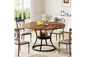 Condemo Round Dining Table for 4-6, 47 inch Wood Dining Room Table with Storage Shelf, Farmhouse Kitchen Table with Metal Base, Large Round Table for Home, Brown, No Chairs