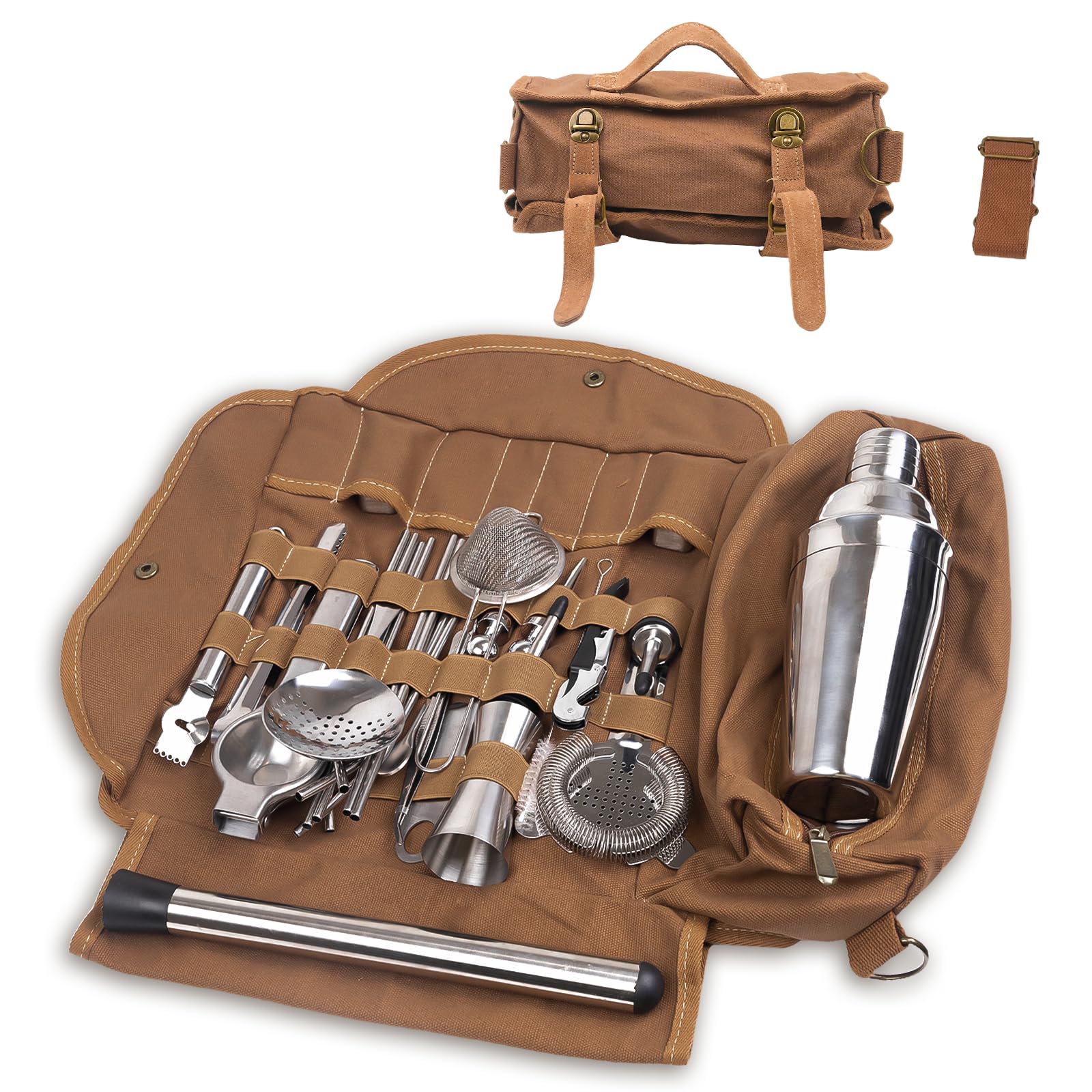 Photo 1 of 31Pcs Travel Bartender Kit–Bartending Kit with Bar Tools Bartender Accessories,Canvas Tool Bag–Professional Stainless Steel Bar Tools Set,Bar Set Cocktail Shaker Set for Home Cocktail Making,Camping