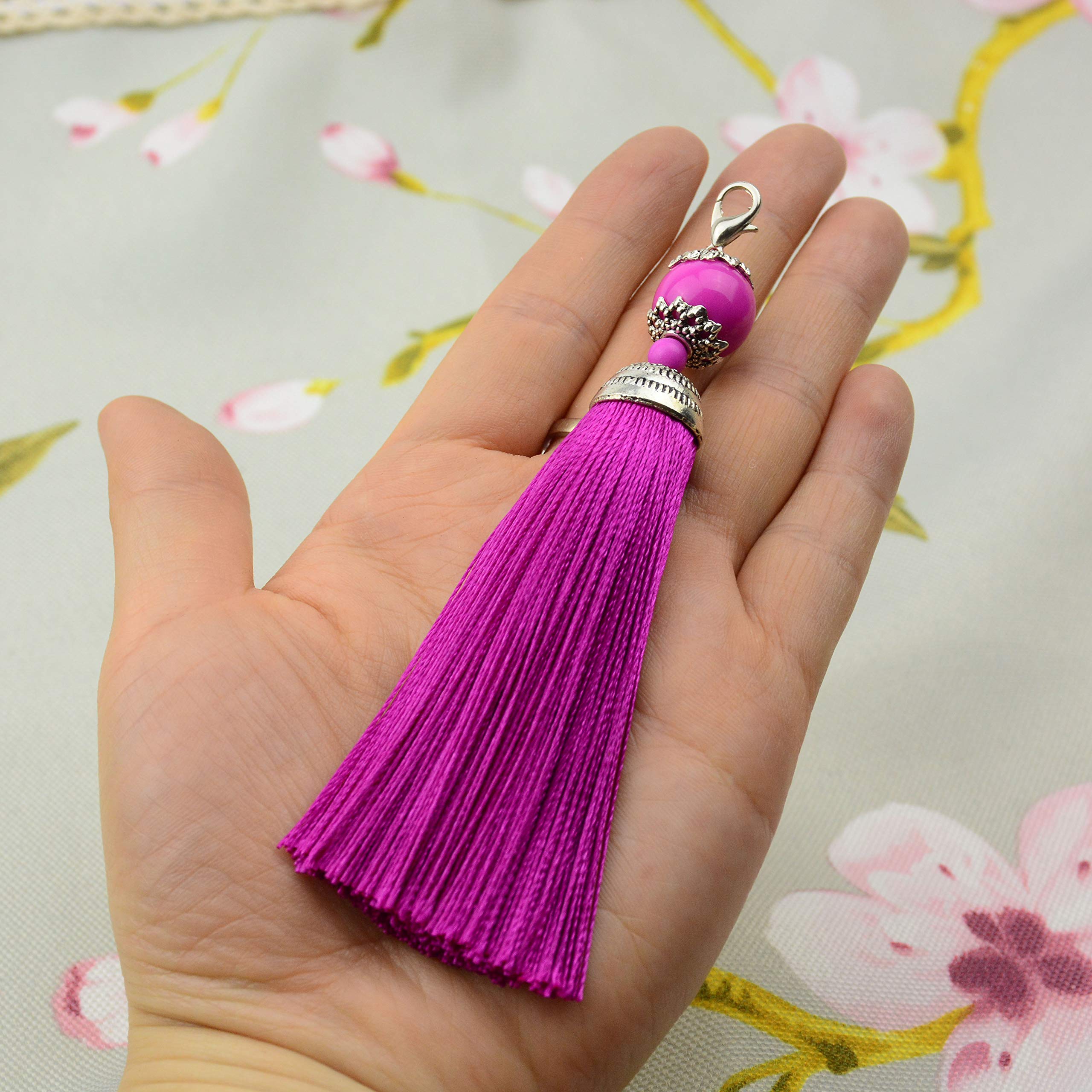 Makhry 10pcs 4.5 Inch Handmade Silky Floss Lobster Clasp Tassel Key chain Beads Bookmark Tassel Pendant for DIY Craft Jewelry Women Earring (Rose Pink, Short)