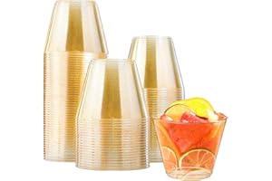 Clawsoff 100 Count 9 oz Gold Plastic Cups, Disposable Cocktail Cups for Wedding & Party, Bulk Gold Plastic Tumblers, Fancy Disposable Party Cups for Cold Drinks