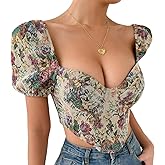 Swbreety Women's Floral Embroidered Puff Sleeve Tops Slim Fit Corset Crop Top Sexy Bustier Tank Top T-Shirts