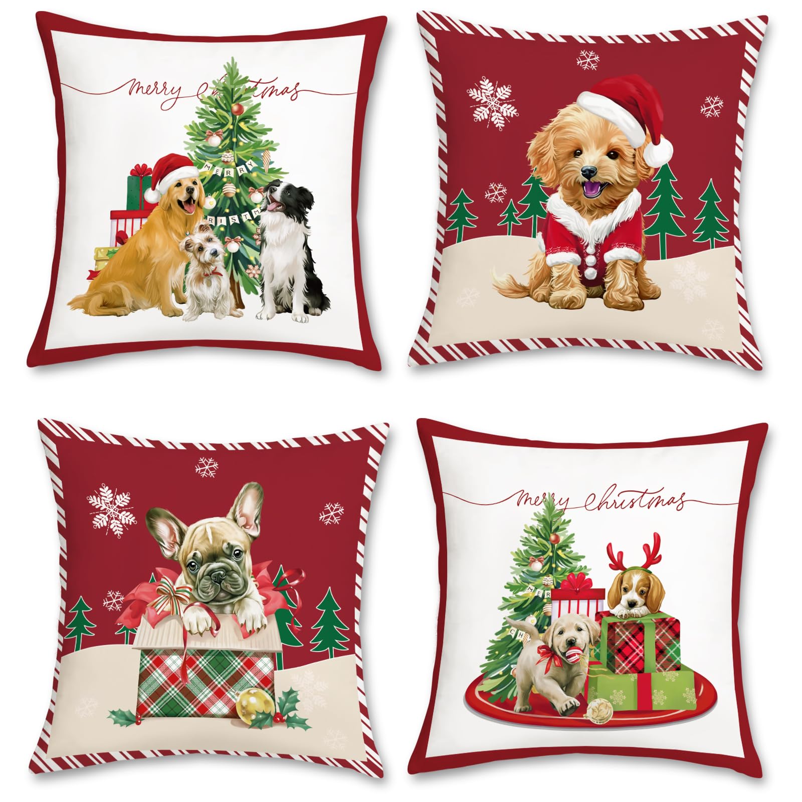 Bonhause Christmas Dog Cushion Covers 45 x 45 cm Xmas Lovely Pet Dog Red Decorative Throw Pillow Covers Soft Velvet Pillowcases for Sofa Bed Winter Holiday Decor Set of 4
