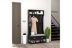 HOMCOM 3-in-1 Hall Tree, Entryway Bench with Coat Rack, Mudroom Bench with Shoe Rack, 2 Storage Drawers, 4 Hooks and Padded Seat Cushions for Hallway, Black
