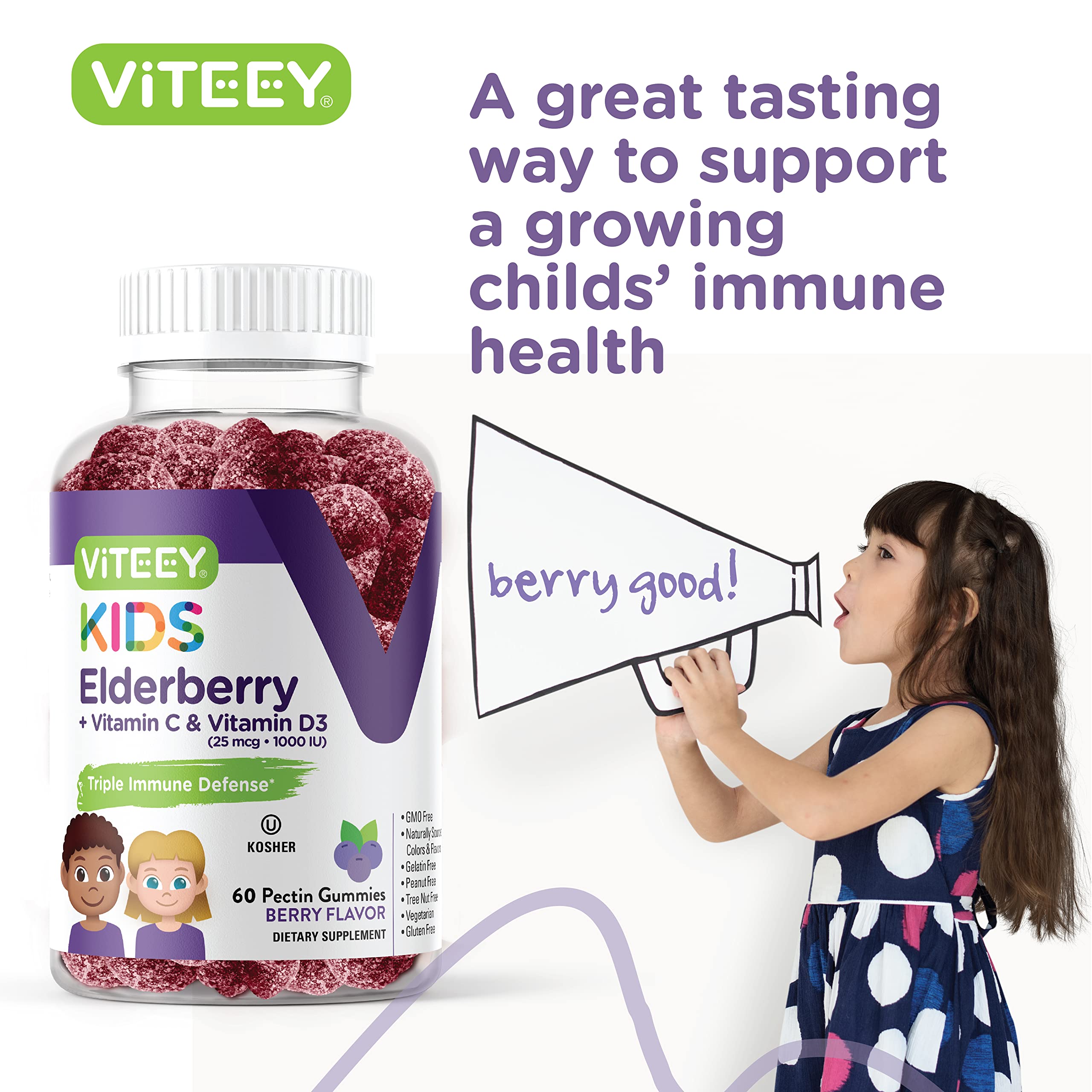 Viteey Sambucus Elderberry for Kids Immune Support Supplements with Vitamin D3 & Vitamin C - 3-1 Immune Booster - Vegetarian, Gelatin Free, Gluten Free, GMO Free - Tasty Chewable Berry Flavored Gummy