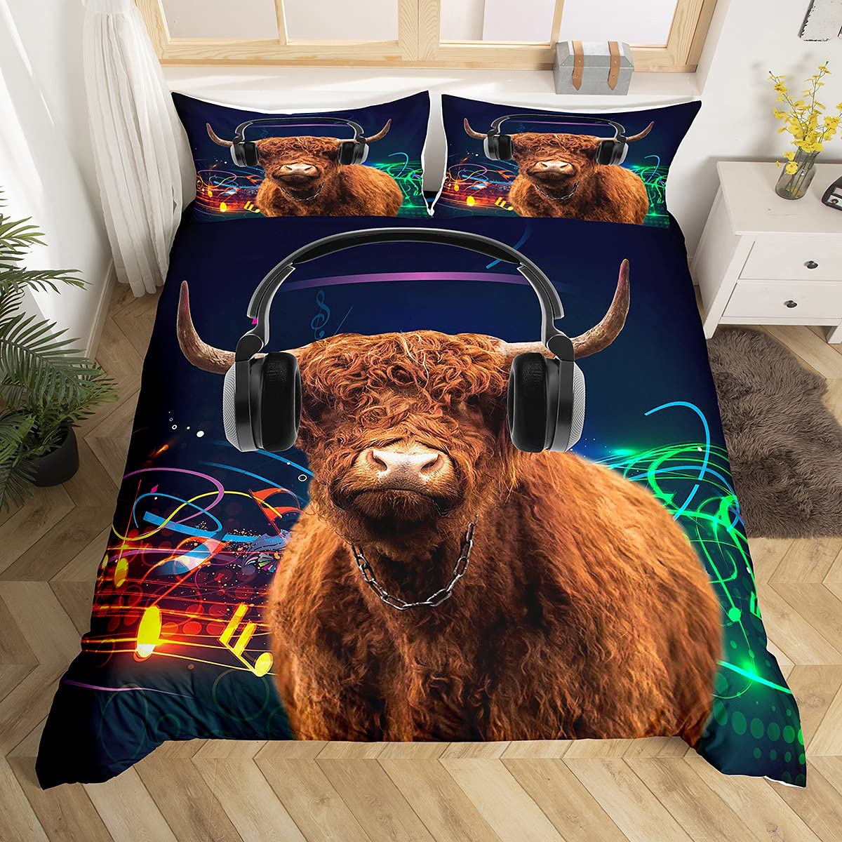 Headset Cattle Duvet Cover Set Single Highland Cattle Comforter Cover Animal Theme Bedding Set 2pcs for Kids Girls Room Decor, Watercolor Musical Note Bedspread with 1 Pillowcase