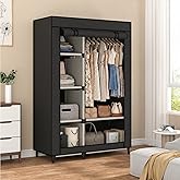 Calmootey Portable Closet Organizer, Space-Saving Storage System for Home | Sturdy Rod for Coats, 6 Shelves for Folded Clothes, 4 Side Pockets for Small Items, Non-Woven Dustproof Cover, Black