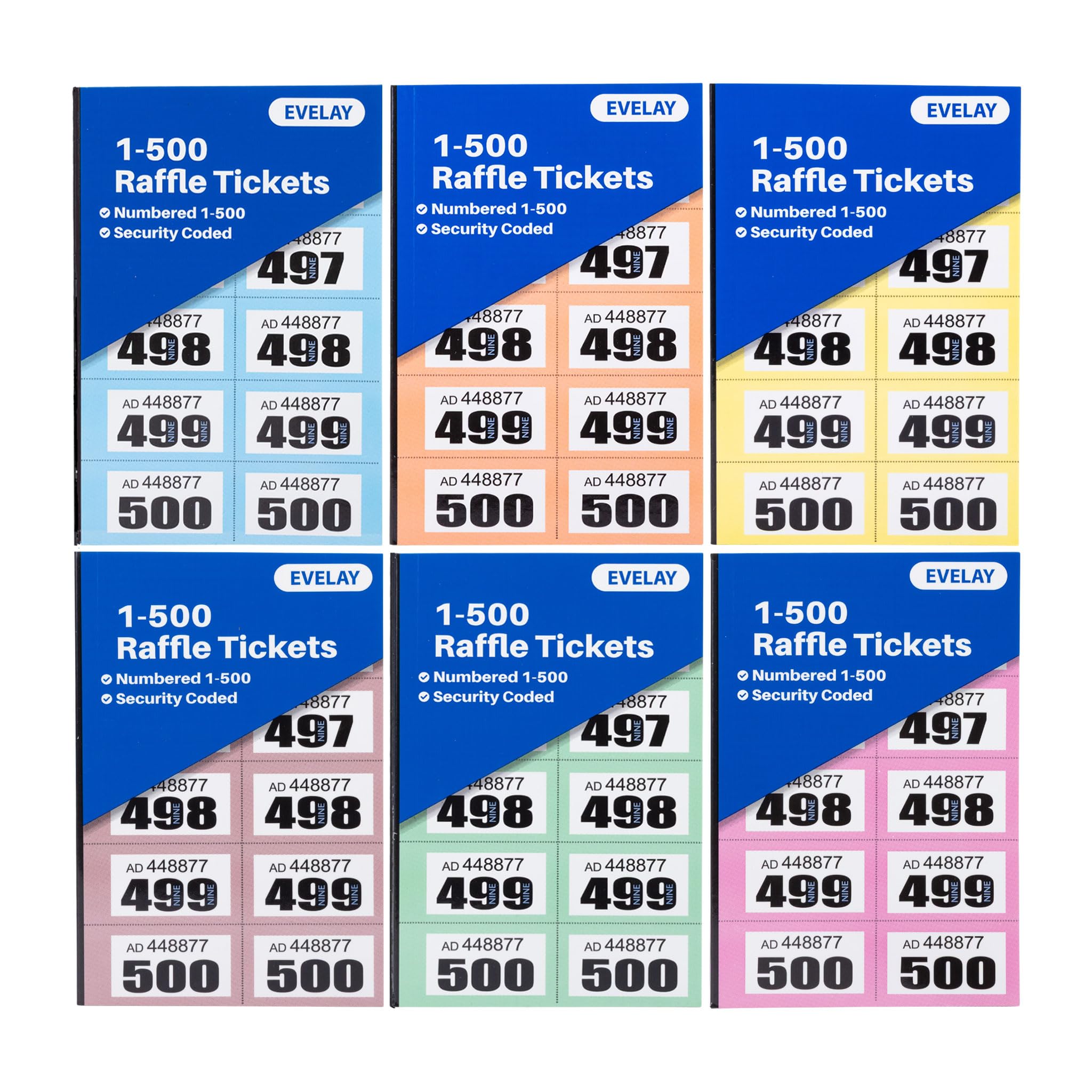 evelay 12 Books of 1-500 Cloakroom Raffle Bingo Tombola Draw Tickets Numbered Mixed colours