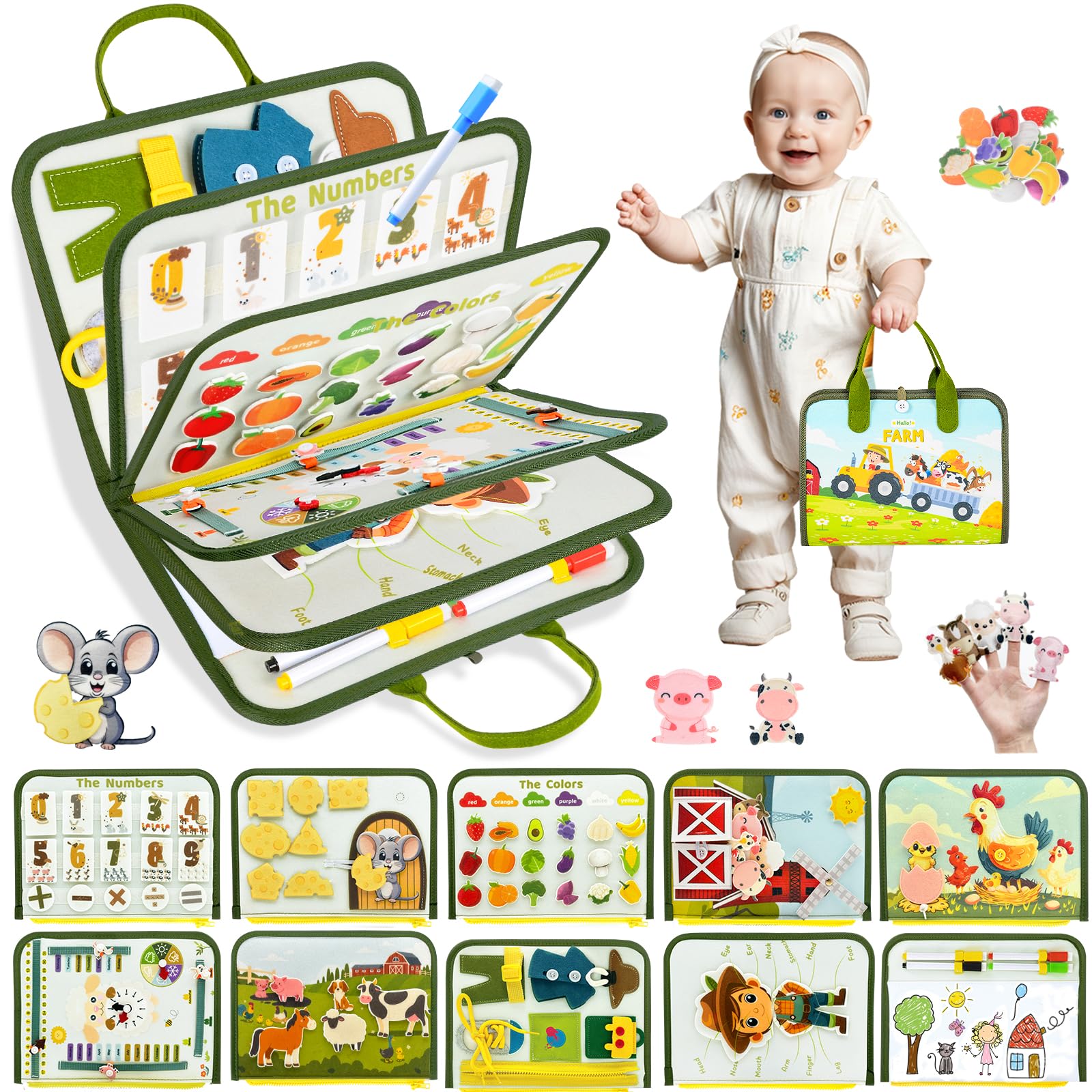 Almaxi Busy Board Toddler Montessori Toys for 2-5, 10 in 1 Farm Busy Book Baby Activities Toys Toddler Travel toys for 1 2 3 4 Year Old Boys and Girls