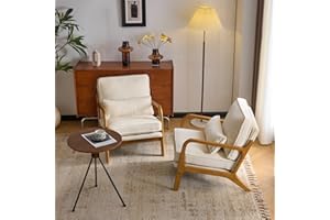 VINGLI Chenille Mid-Century Modern Accent Chair Set of 2, Cute Reading Arm Chair with Cushion & Lumbar Pillow & Solid Wood Frame for Lounge, Living Room, Reading Room, Bedroom,Cream
