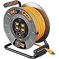 Masterplug 100ft Cord Reel, Metal Cable Drum, Retractable Extension Lead with Winding Handle, Safety Overload Circuit Breaker and Power Switch, 4x Grounded Outlets, 15amps, 12AWG Cable