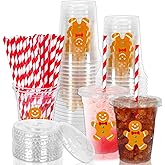 Whaline 50Pcs Christmas Disposable Plastic Cups with Lids and Straws 12oz Party Cups Gingerbread Man Cold Beverage Drinking Cups for Xmas Holiday Party Supplies