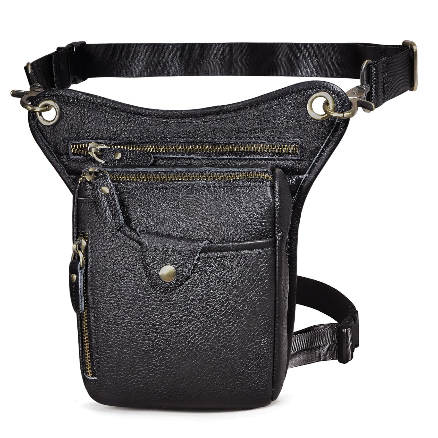 Le'aokuu Mens Womens Genuine Leather Motorcycle Waist Pack Messenger Shoulder Hip Bum Drop Leg Thigh Bag Pouches 211-5 1 Black
