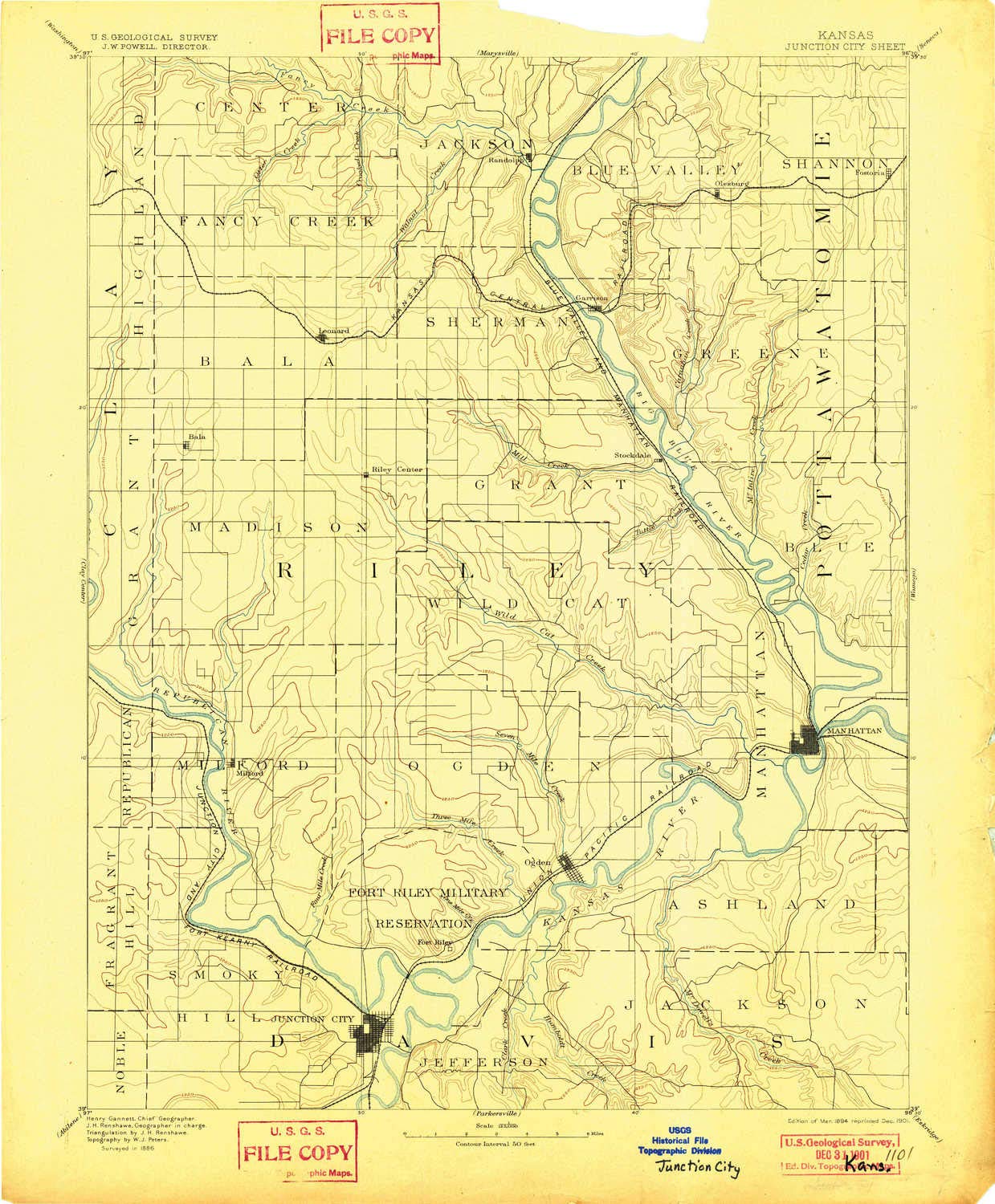 YellowMaps Junction City KS topo map, 1:125000 Scale, 30 X 30 Minute, Historical, 1894, Updated 1901, 20 x 16.52 in